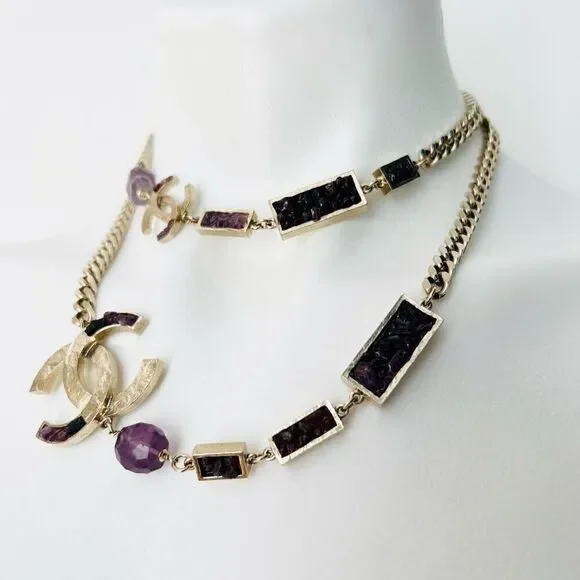 Chanel Y2K Gold Metal and Amethyst Curb Link Necklace Authentic - Picture 6 of 16